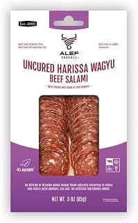Premium Uncured All Natural Grass Fed Harissa Wagyu Dry Sliced Salami 3 Oz Gourmet - Artisanal Charcuterie Meat Gluten Free, Paleo, Keto Friendly, MSG Free, Nitrite And Antibiotic Free (1 Pack)