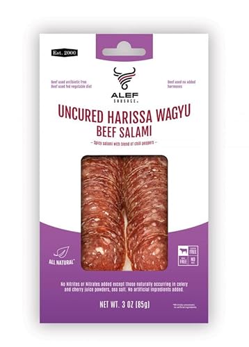 Premium Uncured All Natural Grass Fed Harissa Wagyu Dry Sliced Salami 3 Oz Gourmet - Artisanal Charcuterie Meat Gluten Free, Paleo, Keto Friendly, MSG Free, Nitrite And Antibiotic Free (1 Pack)