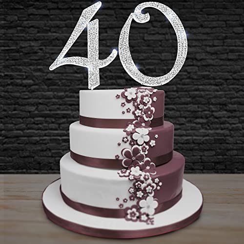 40, 40Th Happy Birthday Cake Topper, Vow Renewal, Anniversary, Crystal Rhinestones On Silver Metal, Party Decorations, Favors, #TOP5