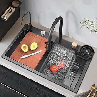 Clay Plus Piano Sink 30"x18"x9" Waterfall Sink with Integrated Waterfall & Pull Down Faucet 304 Grade Stainless Steel Waterfall Kitchen Sink with LED Pannel & Digital Display Kitchen Sink