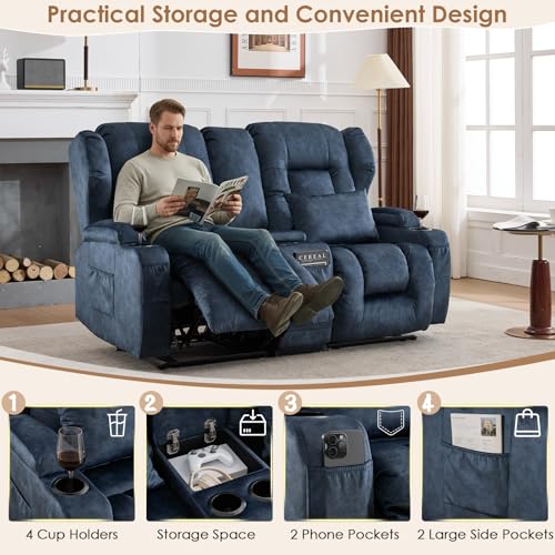 Image of SAMERY 67' RV Loveseat Recliner Sofa, Linen, Wall Hugger, 2 Seats, 350 lbs, Blue, Manual Reclining Home Theater Seating