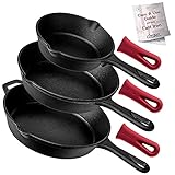 Cuisinel Cast Iron Skillet Set - 3-Piece: 6' + 8' + 10'-Inch Chef Frying Pans - Pre-Seasoned Oven Safe Cookware + 3 Heat-Resistant Handle Covers - Indoor/Outdoor Use - Grill, Stovetop, BBQ, Fire Safe