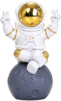 Astronaut Figurine Sitting on Moon, Gold Mirror Space Statue Decor
