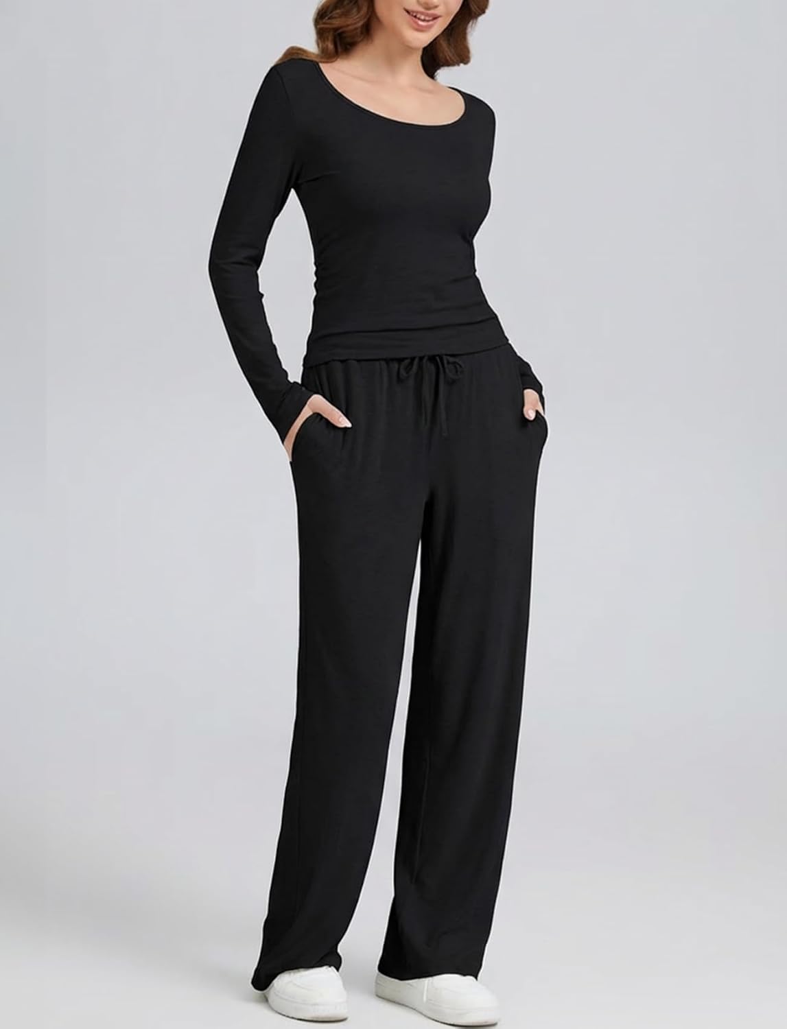 Women's 2 Piece Lounge Set Wide Leg Pants Matching Outfits with Pockets Travel Airport Workout Loungewear Sets - Image 5