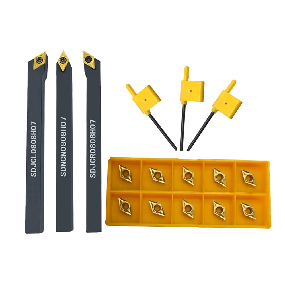 RHFGYY 10pcs DCMT070204 DCMT21.51 Carbide Turning Inserts with 3pcs Indexable Turning Tool Holders SDJCR0808H07 + SDJCL0808H07 + SDNCN0808H07 CNC