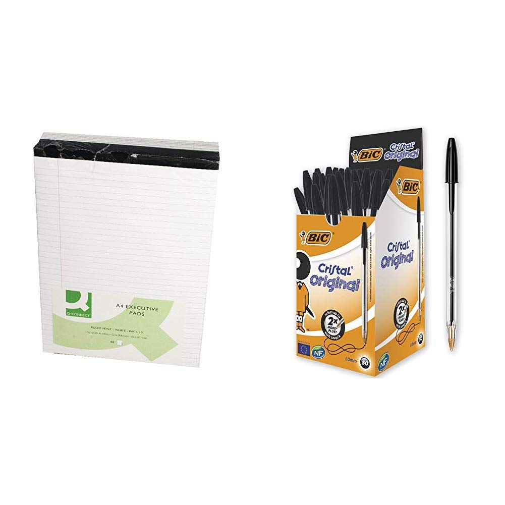 Q-Connect Ruled Stitch Bound Executive Pad 50 Pages, A4, White, Pack of 10 &BIC Cristal Original Ballpoint Pens Medium Point (1.0 mm) – Black, Box of 50