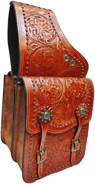 BNB INTERNATIONAL Cowhide Genuine Leather Western Equestrian Trail Tooling Carving Horse Saddle Bag Tooled Carved Pack Equipment Horse Saddle Bags Size: 10” L x 10” W x 3 ½” D inches BAG179