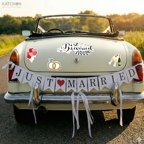 Image of KatchOn, Just Married Car Magnets - Pack of 15 | Just Married Banner for Wedding Decorations | Wedding Car Decoration Kit | Multicolor Magnetic Sticker for Annversary Decor, Just Married Fridge Magnet