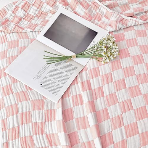 Image of SANACYNA Muslin Blankets 100% Cotton 6-Layer Gauze Pink Cooling Blanket Lightweight Soft and Breathable Swaddle Blanket for Sofa Bed Both Sides (Pink Checkerboard, Baby 30 inchx40 inch)