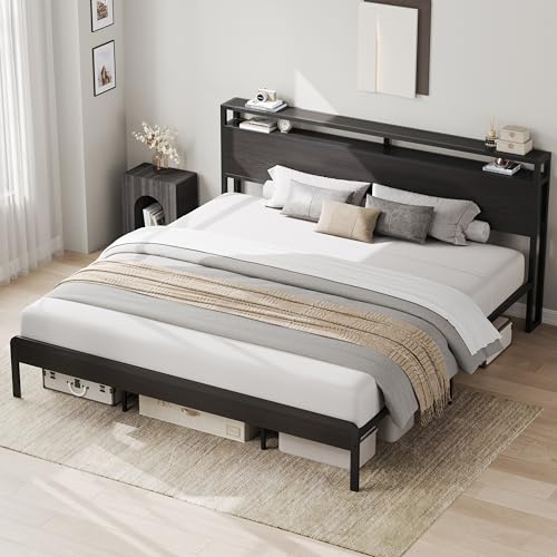 Image of LIKIMIO King Bed Frame with Headboard, Dark Wood Camas King with Strong Supports, Sturdy, Noise-Free, No Box Spring Needed, Classic Black