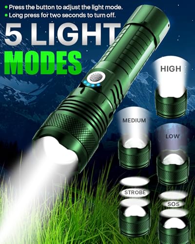 Image of Victoper Green LED Flashlights, High Powered High Lumens Super Bright Tactical Flashlight, Rechargeable, 5 Modes Zoomable Waterproof Flash Lights for Emergency, Outdoor, Home, Camping, Hiking