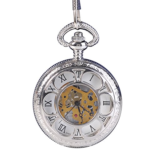 Fransande Antique Hunter Quartz Roman Numerals Pocket Watch for Men with Chain Silver - Image 3