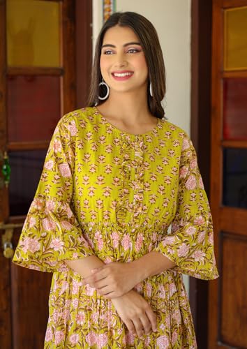 Image of Yash Gallery Women's Cotton Floral Printed Anarkali Maxi Dress