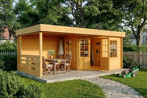 Alpholz Gartenhaus Hanna-40 aus imprägniertem (Pinie) Holz 598 x 302 cm, mit 40 mm Wandstärke und Flachdach