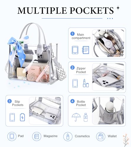 Image of Clear Tote Bag Stadium Events Transparent Clear Purse for Women Thick PVC Shoulder Bag with Guitar Strap for Concert