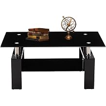 Coffee Table, Rectangle Glass Table for Living Room, Black