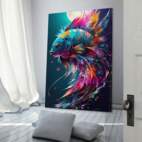 POLIUAWS Wandbild „Color-Fish“ auf Leinwand, für Wohnzimmer, Schlafzimmer, Wanddekoration, Gemälde, Wohnzimmer, Küche, Geburtstagsgeschenke für Frauen, 50 x 75 cm