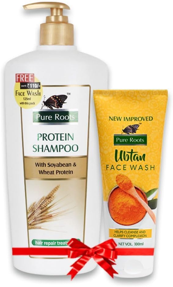 Pure Roots Protein Rich Hair Fall Control Shampoo with Ubtan Face Wash Combo | Ideal for All Skin & Hair Types (700ml Shampoo + 100ml Face Wash)