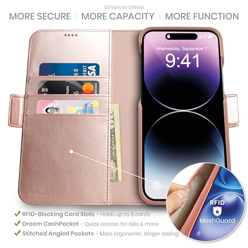 Image of dreem Fibonacci Compatible with iPhone 14 Plus Wallet case / 2-in-1 Shockproof case and Detachable Vegan Leather Folio, MagSafe Compatible, RFID Protection [Rose]