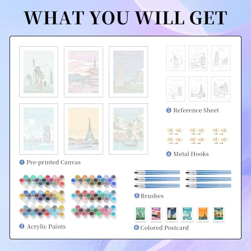 Image of 6 Pack Paint by Numbers Kit for Adults Beginner, City Landscape Adult Paint by Number Kits on Canvas Without Frame, City DIY Acrylic Oil Painting by Numbers Kits, Perfect for Home Decor 10x14 Inch