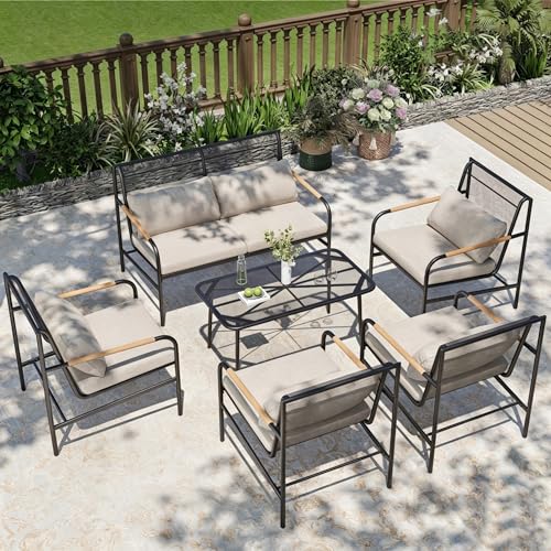 PHI VILLA 6 Seater Metal Garden Furniture Cast Iron Outdoor Sofa Set with Coffee Table All-Weather Modular Patio Set with Thickened Cushions Beige