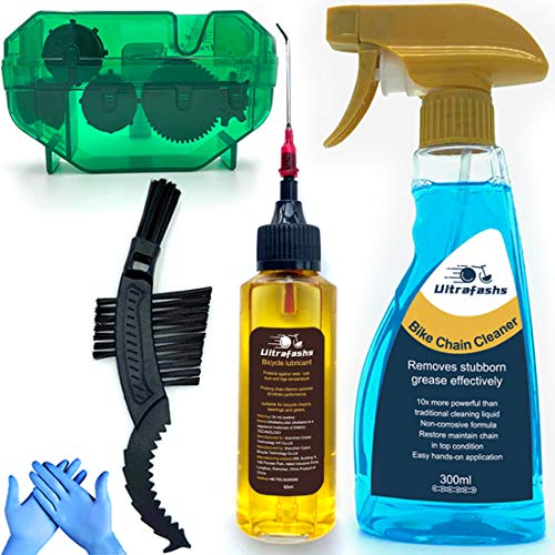 Ultrafashs Bicycle Chain Oil Lubricant and Cleaner Set with Bike Degrease,Wet Lubricant,Chain Scrubber Cleaning Brush Tool.Bike Lube-2oz,Degreaser-10oz.