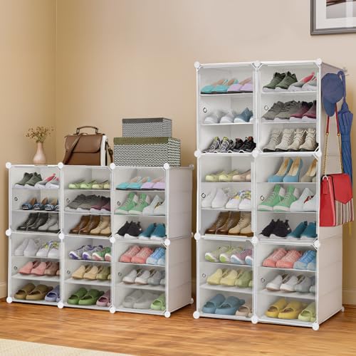 Image of ABOUT SPACE Shoe Rack for Home with Door - 36 Pair DIY Slipper Stand with Hanger, 4 Cube Expandable Shelves Closed Shoes Rack for Home Men, Women Heels Boots Flip-Flops (White-L 80 x B 30 x H 90 cm)
