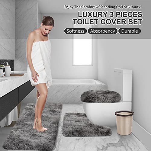 McEu Badezimmerteppich Set 3 Teilig, rutschfest Waschbar Badvorleger Set, Flauschige Hochflor Saugfähig Badematte Badteppich Set mit Toilettendeckelabdeckung, 50x120cm+50x40cm+50x48cm (Grau) – Bild 4