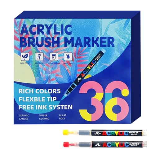 Marqueurs acrylique à pinceau 36 couleurs imperméables pour dessin sur roche et tissu