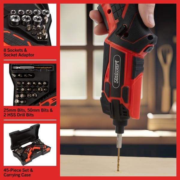 Miniatura 5 de Stalwart - Juego de destornilladores eléctricos de 4 V, 45 piezas, pistola de tornillo recargable inalámbrica de 4.5 Nm 250 RPM con agarre de doble