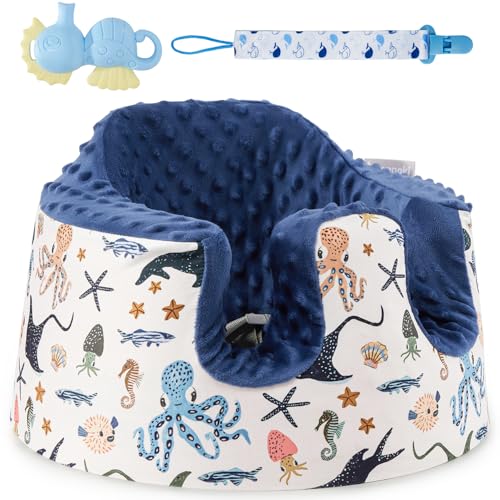 Image of Seat Cover Compatible with Bumbo Floor Seat Only, w/Pacifier Clips & Safe Teething Bells Toys,Breathable Baby Bumbo Seat Cover,Soft Bumbo Floor Seat Cover for Baby Girl Boy, Excluding Pacifier(Blue)