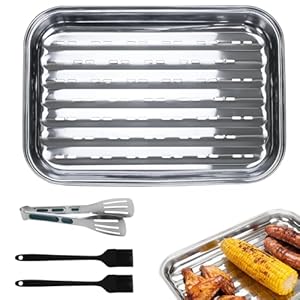 Piuluvor® BBQ Grillschalen aus Edelstahl 34,5 × 24,5 × 2,7 cm Grillschale Wiederverwendbar mit 1 Grillzange und 2 Bürste, für Gasgrill und Holzkohlegrill