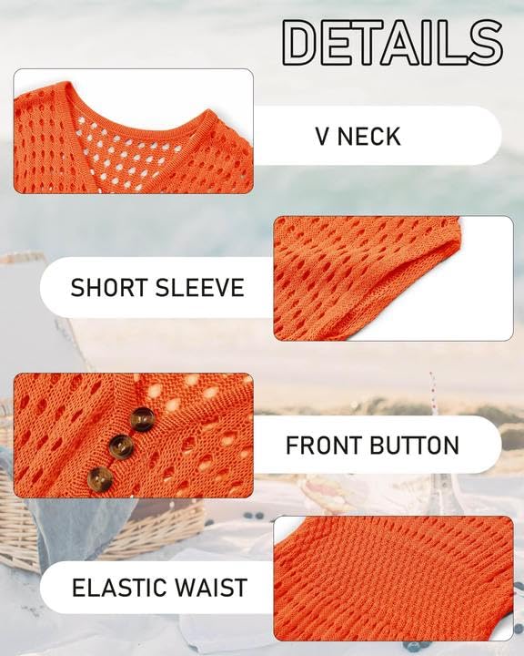 Image of Haloumoning Girls Crochet Swim Beach Cover Up Kids Fashion Button Short Sleeve Swimsuits Cover Ups 5-14 Years