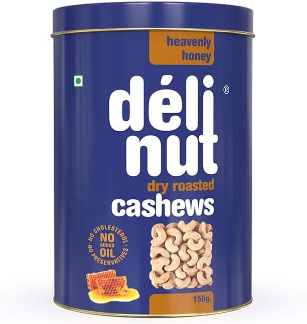 Delinut Heavenly Honey Dry Roasted Cashews/Kaju 150g | Sweet & Crunchy WW240 Whole Cashew Nuts | Honey Flavour | FOST Flavour Lock Technology | Nitrogen Flushed | No Added Oil, Colors or Preservatives.