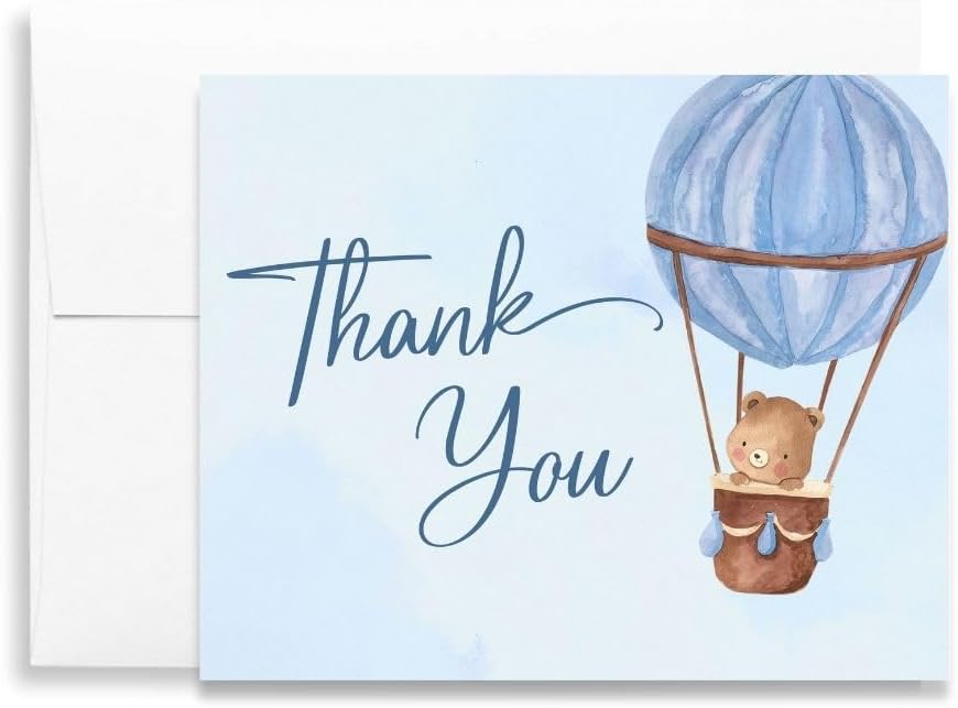 The Invite Lady Adventure Awaits Baby Shower Thank You Cards with Envelopes | Hot Air Balloon Teddy Bear Boy Blue Navy Folding Notes | Set 24