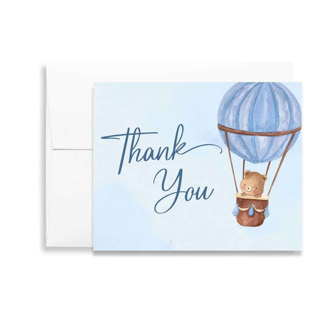 The Invite Lady Adventure Awaits Baby Shower Thank You Cards with Envelopes | Hot Air Balloon Teddy Bear Boy Blue Navy Folding Notes | Set 24