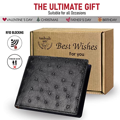 Image of HATA Black Blue Ostrich Leather Bifold Wallet for Men, Double-Sided Ostrich Billfold with RFID Blocking, Handmade Leather Wallet Gift for Birthday, Anniversary, Father's Day VINAMOS-14