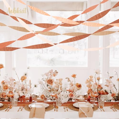 Image of AOBKIAT Brown Boho Streamers Party Decorations for Fall Party,Thanksgiving | 5 Rolls Crepe Paper in Dusty Orange Brown,for Halloween,Autumn Birthday Baby Shower Rustic Wedding Party Backdrop