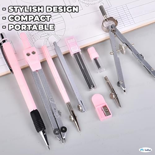 Image of FunBlast Metal Compass Set 9 Pcs - Geometry Box with Protractor, Set Squares, Ruler, Compasses, Ruler Sets, Instrument Box, Math Geometry Kit for Student & Professional (Pink)