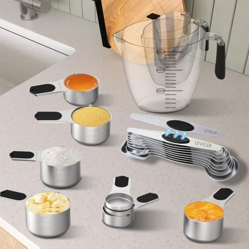 Measuring cups and spoons set,Magnetic Measuring 5 Cups 7 Spoons & 1 Leveler, 3 Plastic Measuring Cup with 1 Measuring Conversion Chart, Metal Stainless Steel for Baking & Cooking - 2