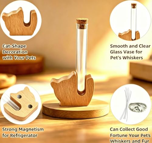 Fridge Magnet Cat Whiskers Holder, Clear Glass vases with Wooden Base, Fridge Magnets Perfect, Anti-Scratch cat Whisker jar, Tiny Keepsake for Pet Memorial, Home Desktop Decor Gift for Pet Lovers. — view 4