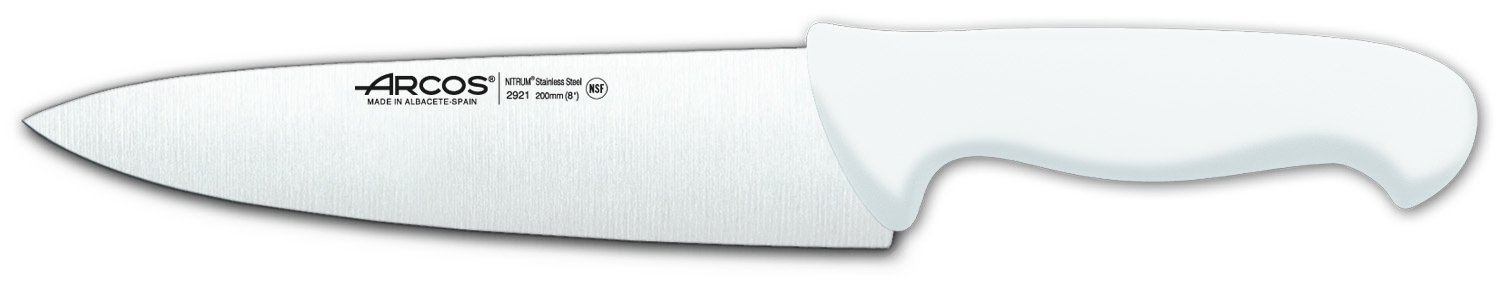 Arcos Chef Knife 8 Inch Nitrum Stainless Steel and 200 mm blade. Professional Multipurpose Cooking Knife. Ergonomic Polypropylene Handle. Series 2900. Color White