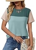 Dokotoo Womens Tops 2026 Colorblock Round Neck Short Sleeve t Shirt Spring Sweatshirts Business Casual Loose Ladies Shirts Summer Outfits for Women Trendy Green Large