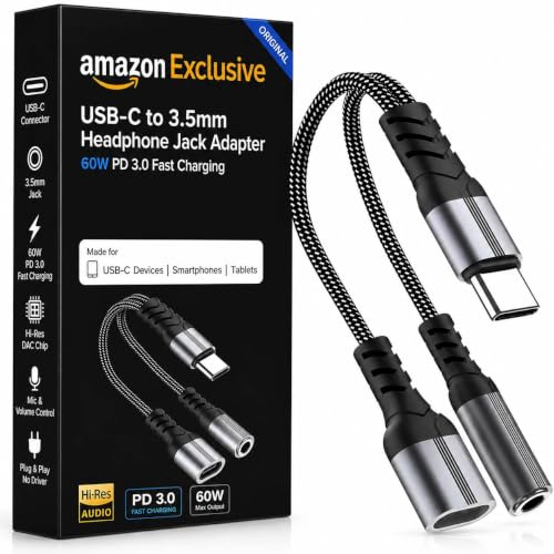 Image of USB C to 3.5mm Headphone Jack Adapter with 60W PD Fast Charging DAC Chip HiFi Audio USB Type C to AUX Converter Compatible with Samsung S25 S24 OnePlus Xiaomi iPad MacBook Pixel