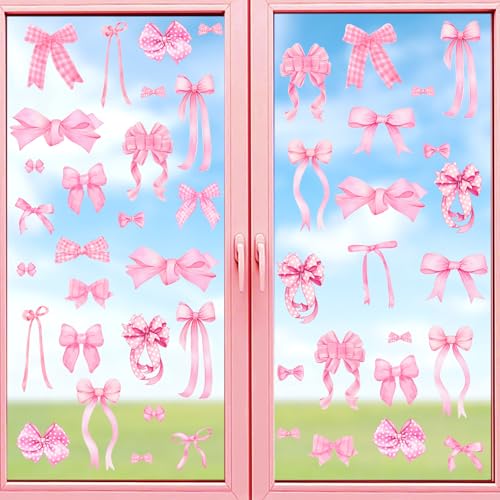 100 Pcs Watercolor Pink Baby Girls Window Decals Bow Stickers for Glass Windows Double-Sided Bowtie...