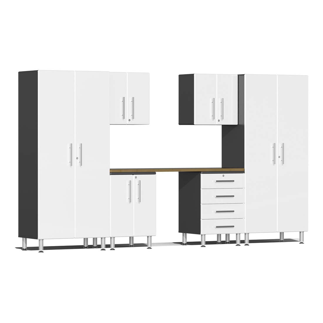 Ulti-MATE UG24072W 7-Piece Garage Cabinet Kit with Bamboo Worktop in Starfire White Metallic