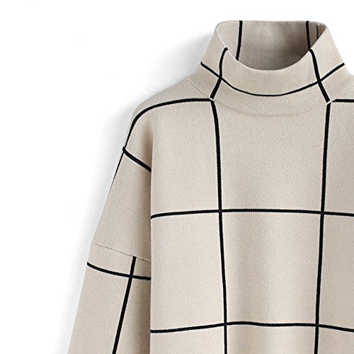 CHICWISH Women's Comfy Casual Long Sleeve Cream Grid Turtleneck Knit Top Pullover Sweater - Image 5