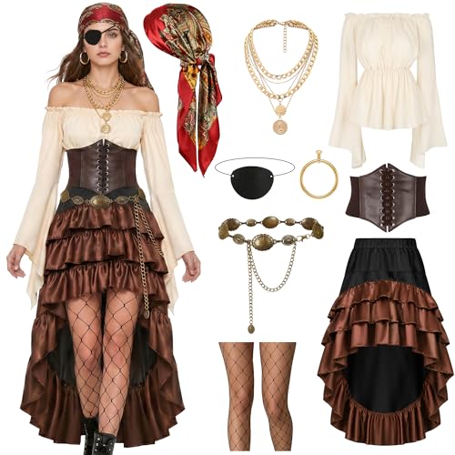GERVAISE Women Pirate Costume Outfits Renaissance Medieval Tops Skirts Accessories Sets (Beige Medium)