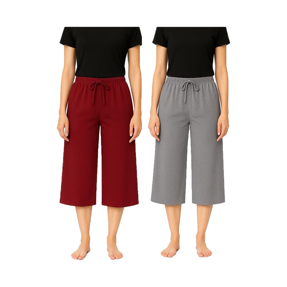 Women's Cotton Capris For Women Elastic With Drawstring Waist (Grey, Marrone) 2Pack-image-20
