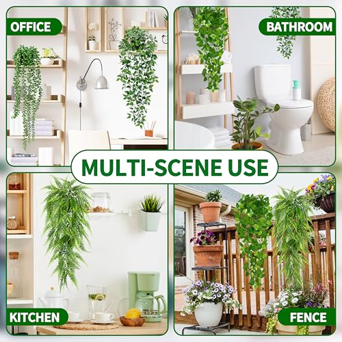 Image of Palonu Artificial Hanging Plants for Shelf, 4 Pack Fake Potted Greenery Plant Faux Mandala Vine, String of Pearls, Ivy Vine,Persian Grass Fern in Pot for Desk Home Bathroom Farmhouse Room Table Decor
